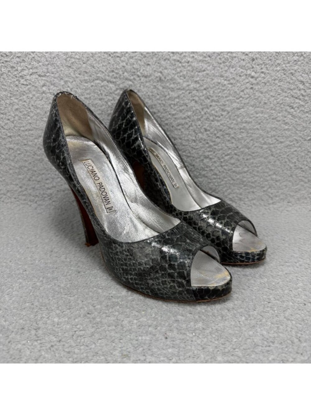 Luciano Padovan Pumps Women 10 / 40 Shoes Grey Snakeskin Peep Toe Stiletto Heels